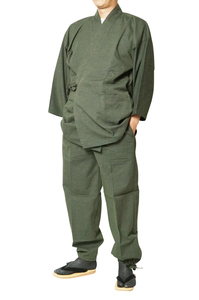 【ひめか】作務衣 メンズ 日本製 大柄ドビー刺し子織作務衣　緑Ｍ