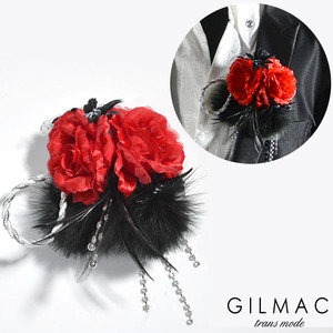 ◆k5704-1 GILMAC コサージュ 薔薇 フェザー ツイストロープ ブローチ メンズ(レッド赤ブラック黒) 大きめ 結婚式 パーティー 日本製 2way