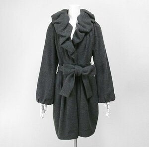 ☆良品 EPOCA ◆ 襟デザイン ウールコート グレー 40 フレア ウエストリボン付き ロング エポカ ◆YX20