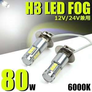 送料無料 H3 H3a LED バルブ 2個 80W級 ホワイト フォグ ランプ 12V/24V兼用 トラック グランド プロフィア クオン ギガ /20-48 SM-N