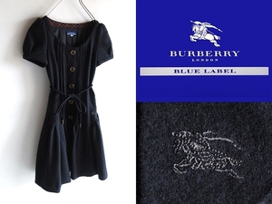美品 BURBERRY BLUE LABEL バーバリーブルーレーベル ホースロゴ刺繍 ベルト紐付 ピンタック 縮絨ウール 半袖 ワンピース 36 ネイビー 紺