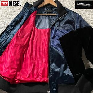 極美品/XL相当●DIESEL ディーゼル ナイロン ベロア切替 ジップジャケット ブルゾン サテン生地 裏地レッド 赤 ロゴ金具プレート 春夏