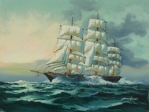 油彩画 洋画 肉筆油絵 F6号 「帆船 海景画」-117- 特価