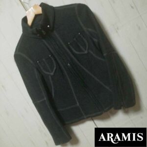 r0002【ARAMIS】ウールライダースジャケット（size：38/チャコールグレー）ジップアップ ツィード風 美品