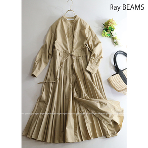 レイビームス Ray BEAMS ★ウエストリボン付きプリーツスカートバンドカラーシャツワンピース