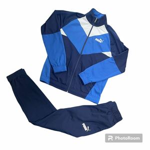 【超希少】PUMA プーマ　ジャージ　セットアップ　上下　ジャケット　パンツ　裏起毛　紺　青　白　ネイビー　ブルー　ホワイト　Lサイズ