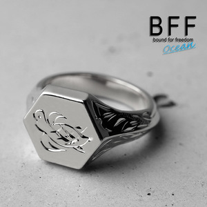 BFF ブランド タートル 印台リング スモール 小ぶり シルバー 18K 銀色 六角形 手彫り 彫金 専用BOX付属 (12号)