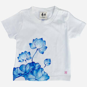 キッズ Tシャツ 90サイズ ホワイト 蓮柄Tシャツ 手描きで描いた蓮の花柄Tシャツ 半袖 和柄 和風 レトロ ハンドメイド