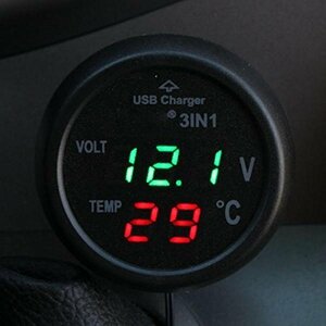 車 12V 24V グリーン LED デジタル電圧計 温度計 USB充電器