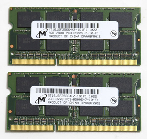 ノートPC用メモリ Micron 204PIN PC3-8500 DDR3 1066 2GB SODIMM 2枚セット [MT16JSF25664HZ-1G1F1]