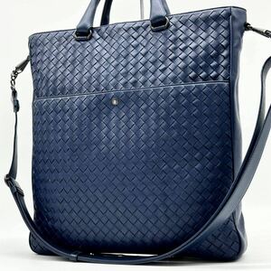 ●美品 大容量●BOTTEGA VENETA ボッテガヴェネタ 2way トートバッグ ビジネスバッグ ショルダー 鞄 かばん イントレチャート レザー 青