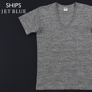 送料300円│SHIPS シップス JET BLUE ジェットブルー ★ 日本製 Vネック 半袖 Tシャツ グレー メンズ L