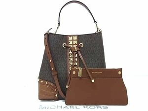 1円 ■美品■ MICHAEL KORS マイケルコース MK柄 PVC スタッズ ポーチ付き 巾着型 2WAY ハンドバッグ ショルダーバッグ ブラウン系 AZ2460