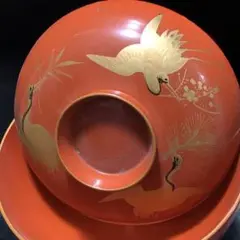 古美術品◆蔵から縁起の良い3羽の鶴が松、竹、梅の華を咥えて優雅に飛ぶ漆塗りのお椀