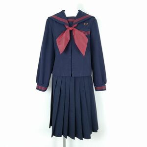 1円 セーラー服 スカート スカーフ 上下3点セット 大きいサイズ トンボ 冬物 赤3本線 女子 学生服 鹿児島松元中学 紺 中古 ランクC NA1988