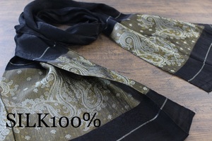 新品 薄手【シルク100% SILK】ペイズリー柄 ブラック 黒 BLACK　ゴールド GOLD 金 スカーフ/ストール