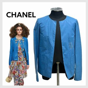 高級 CHANEL Paris-Dubai シャネル 15C 2014-15年クルーズコレクションランウェイ着用 ラムスキン CCロゴボタン 裏地花柄 レザージャケット