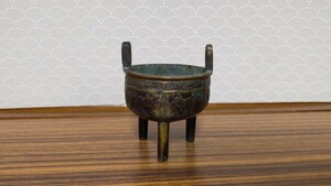古物品 中国唐銅 古金銅造り香炉 麒麟彫り図 年代もの