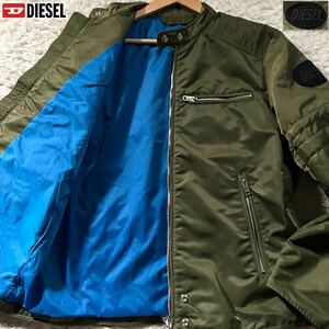 極美品/XLサイズ●現行タグ DIESEL ディーゼル ナイロン ジャケット ライダース ツーリング 撥水性 肩ロゴワッペン 裏地ブルー 青 カーキ