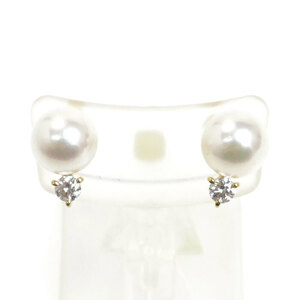 MIKIMOTO ミキモト K18YG イエローゴールド ピアス パール約7.5mm/約7.4mm ダイヤモンド 2.7g レディース 中古 美品