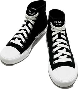正規品 PRADA Black Fabric High-Top Sneaker 4T3557 黒 6.5 プラダ キャンバスハイカットスニーカー 本物