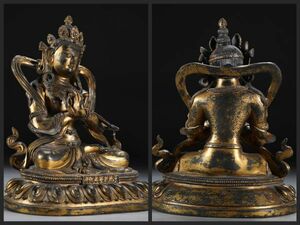 【瓏】古銅彫 塗金金剛薩錘坐像 大清乾隆年敬造 古置物擺件 銅仏像 仏教文化 蔵出