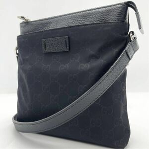 1円/極美品/現行● GUCCI グッチ ショルダーバッグ ポシェット サコッシュ 斜め掛け クロスボディ GG柄 ナイロン レザー ブラック