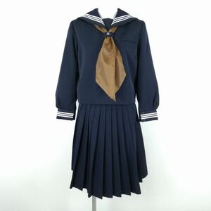 1円 セーラー服 スカート スカーフ 上下3点セット 150A 冬物 白3本線 女子 学生服 高知野市中学 紺 制服 中古 ランクC NA1998