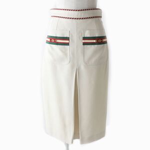 極美品★正規品 GUCCI グッチ 575663 ホースビット金具付き シルク混 ひざ丈 スカート アイボリー×ウェブライン 36 イタリア製