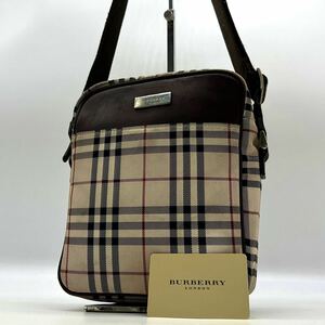 2114 人気 廃盤● BURBERRY バーバリー ショルダーバッグ サコッシュ 斜め掛け ノバチェック ロゴプレート 金具 レザー クロスボディ 本革