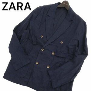 ZARA ザラ マン 現行タグ★ 春夏 麻 リネン100％ ダブル テーラード ジャケット ブレザー 紺ブレ Sz.L　メンズ ネイビー　C4T02552_3#M