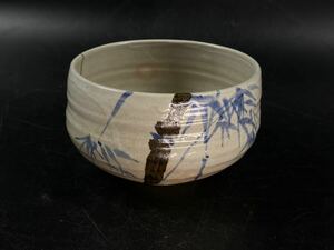 【福蔵】古萩焼 茶碗 色絵 染付 竹文 金継 茶道具 古い 時代品 径11cm