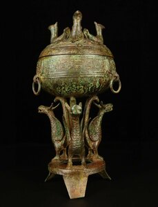 ◆古寳堂◆漢時期 青銅製 三鳥熏香炉 置物 賞物 極細工 古置物 古擺件 中国古美術 時代物 古董品