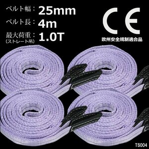 CE規格品 ベルトスリング ナイロンスリング 幅25mm×4m ストレート吊 1T [4本セット] 両端アイ型 吊りベルト 荷吊 運搬 牽引/13χ