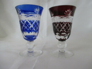 江戸被せ硝子切子 カメイガラス　昭和後期　菱カット　丸コマステム付き　ビールグラス　2色　ペアーグラス