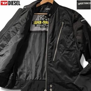 極美品/Lサイズ●DIESEL ディーゼル コットン ナイロン ライダース ジャケット ブルゾン 春夏 裏地デザイン 肩ロゴワッペン 黒 ブラック