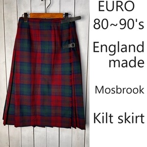 80s～90s イギリス製 Mosbrook チェックプリーツウールキルトスカート UK14 オールド ヴィンテージ ヨーロッパ 巻き ラップ 英国製●317
