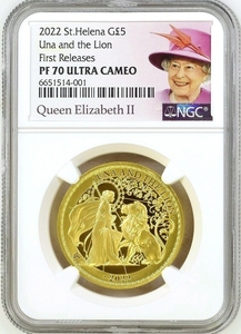 2022年 セントヘレナ ウナとライオン 5ポンド 1オンス 1oz プルーフ 金貨 NGC PF70 ULTRA CAMEO First Releases 女王ラベル イギリス