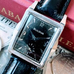 #3014【シックでお洒落】メンズ腕時計 ブローバ 機械式 手巻き BULOVA 動作品 1954年 アンティーク ヴィンテージ 17石 四角 黒文字盤 BLACK