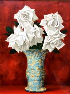 【真作】濃淡のある赤い背景に白いバラが美しいですね。魅了されます！　　高野三三男　「白いばら」　油彩画　　6号　【正光画廊】