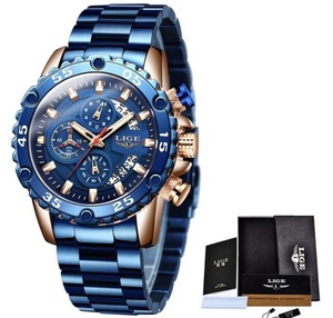 LIGE メンズ 腕時計 高品質 クオーツ カジュアル スポーツ ステンレス バンド ウォッチ 10027 クロノグラフ 防水 時計 Rゴールド × ブルー