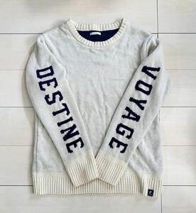 美品　BAYFLOW ベイフロー　メンズ　白ホワイト×紺ネイビー　袖ロゴ　レタリング　ニットセーターサイズ4(L) ウール混　冬トップス