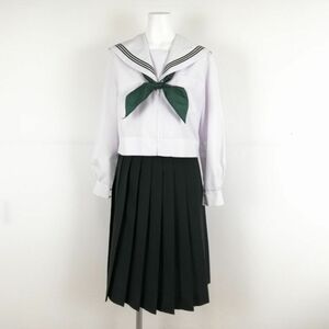 1円 セーラー服 スカート スカーフ 上下3点セット 中間服 緑3本線 女子 学生服 中学 高校 白 制服 中古 ランクC NA1192