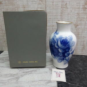 ◇大倉陶園　OKURA　ブルーローズ　花瓶　30cm　☆N17