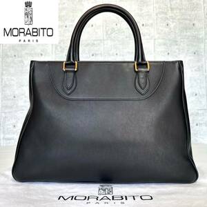 美品 MORABITO BLACK ブラック カーフレザー シルバー金具 モラビト スクエア 黒 ハンドバッグ トートバッグ ショルダー A4収納