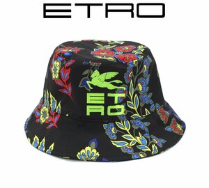 7万新品◆57◆【ETRO】エトロ◆イタリア製 フラワープリント×PEGASO立体ロゴ バケットハット 黒系マルチカラー 1円