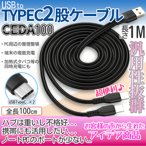 USBタイプC 2股ケーブル 枝分かれ 100cm ロング Cケーブル typec USB-C 充電ケーブル CEDA100