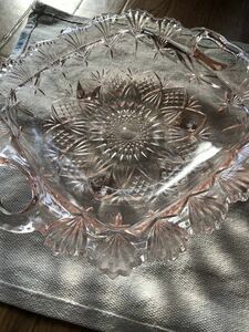 ひまわり　ピンク　ガラス大皿1枚　小皿2枚　昭和レトロ★未使用品　High quality Japanese glass platter with sunflower pattern
