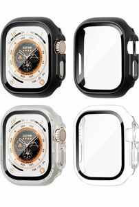 2枚Apple Watch Ultra 用 ケース 49mm アップルウォッチウルトラ カバー 保護カバー 一体型 全面保護 9H硬度 ガラスフィルム 黒とクリア
