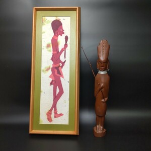 【アフリカ美術】アフリカ ケニア 木彫り人形 手描き絵 まとめて2点 民族美術 手彫り 民藝 マサイ族 オブジェ インテリア アンティーク品